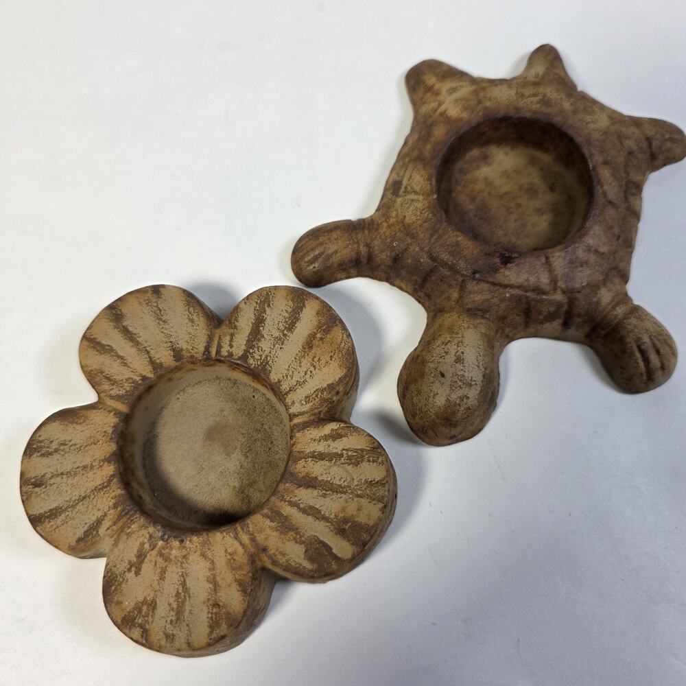 Cast Iron Turtle & Flower Tea Light Candle Holders Set of 2 Rustic Brown Decor